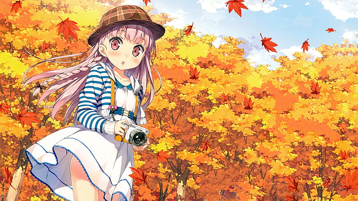 Kantoku, otoño, cabello rosado, Fondo de pantalla HD