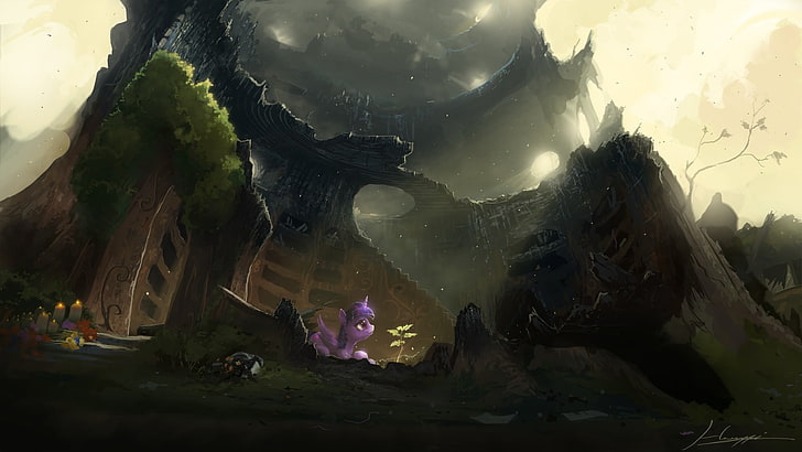 лилаво Моето малко пони персонаж под илюстрация на скални образувания, пейзаж, Моето малко пони, HD тапет