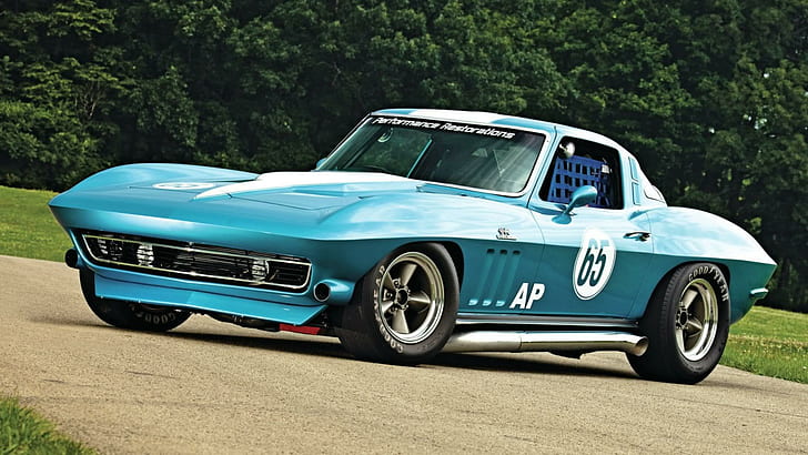 65 Vette Racer, blue, classic, bowtie, cars, HD wallpaper
