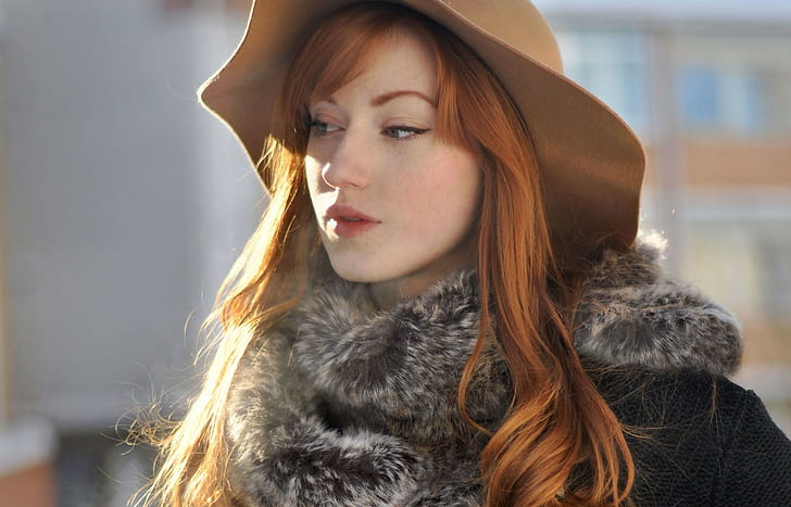 fur, glamour women, Alina Kovalenko, women, hat, looking away, long hair, millinery, redhead, HD wallpaper