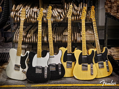 seis guitarras elétricas de cores sortidas, guitarra, pára-choque, escudeiro, elétrica, telecaster, HD papel de parede HD wallpaper