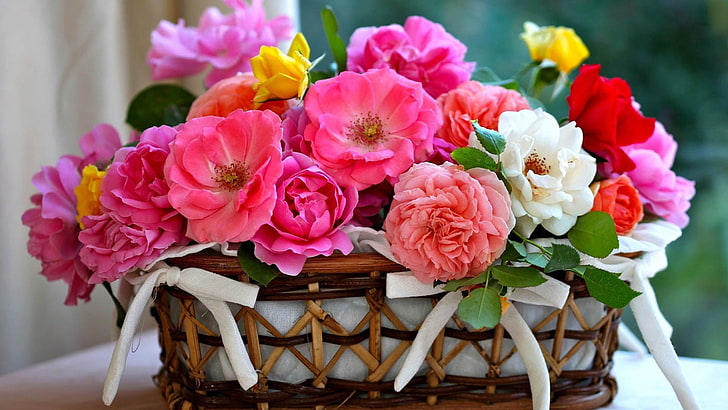 белые и розовые лепестковые цветы, цветы, корзина, букет, HD обои