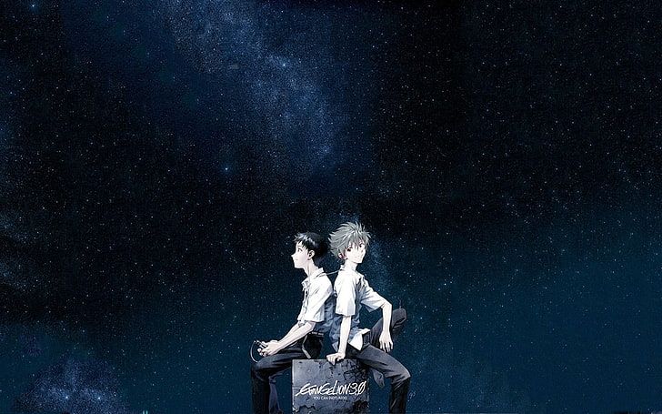 two men sitting on grey stool, Neon Genesis Evangelion, Ikari Shinji, Kaworu Nagisa, HD wallpaper