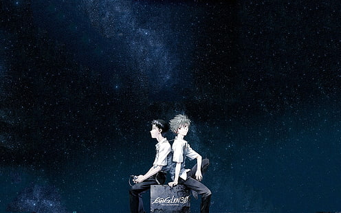dua pria duduk di bangku abu-abu, Neon Genesis Evangelion, Ikari Shinji, Kaworu Nagisa, Wallpaper HD HD wallpaper