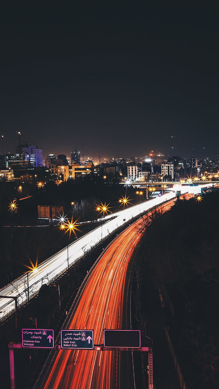 لقطة جوية للطريق ، إيران ، المدينة الليلية ، الطريق ، أضواء المدينة، خلفية HD، خلفية الهاتف