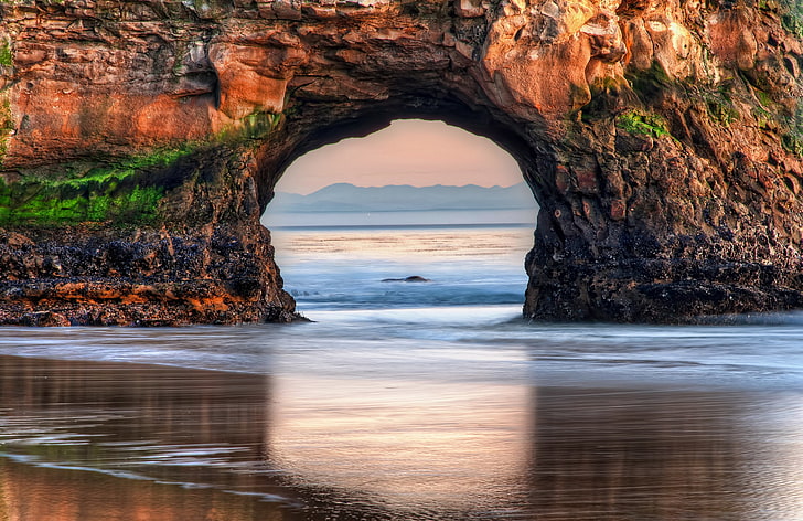 beach, rock, the ocean, dawn, USA, State California, California, Big Sur, Pfeiffer Big Sur State Park, HD wallpaper