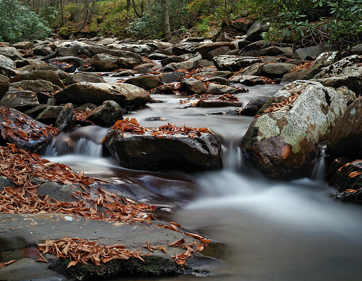 timelapse photography of water falls, Little Pigeon River, Cascade, US 441, Great Smoky Mountains, timelapse photography, water falls, Great Smoky Mountains National Park, Smoky Mountains, Desktop, Pentax K-01, 40mm, DA 40, Limited, Slow, Shutter, Rocky, US Highway 441, Mountain Stream, Boulders, Fall, Autumn Leaves, West, Prong, Tennessee, Popular, favorite, best, Top, Nature, Natural, Beauty, stream, waterfall, forest, river, rock - Object, outdoors, landscape, water, scenics, tree, autumn, flowing, HD wallpaper