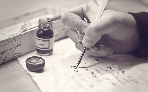 قلم حبر رمادي ، حرف ، يد ، حبر ، قلم ، أسود أبيض، خلفية HD HD wallpaper
