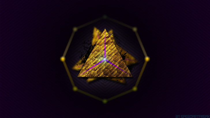 ośmiokątne żółte logo, trójkąt, złoto, fiolet, abstrakcja, Tapety HD