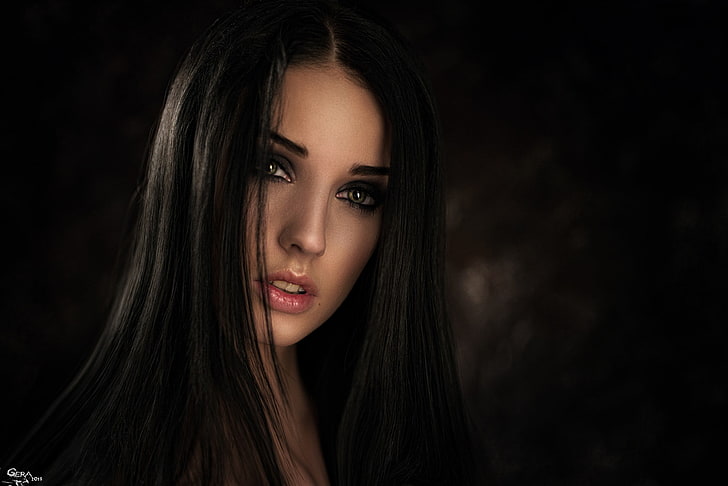 cabelo preto feminino, rosto de mulher, mulheres, morena, olhos verdes, modelo, retrato, Alla Berger, Georgy Chernyadyev, HD papel de parede