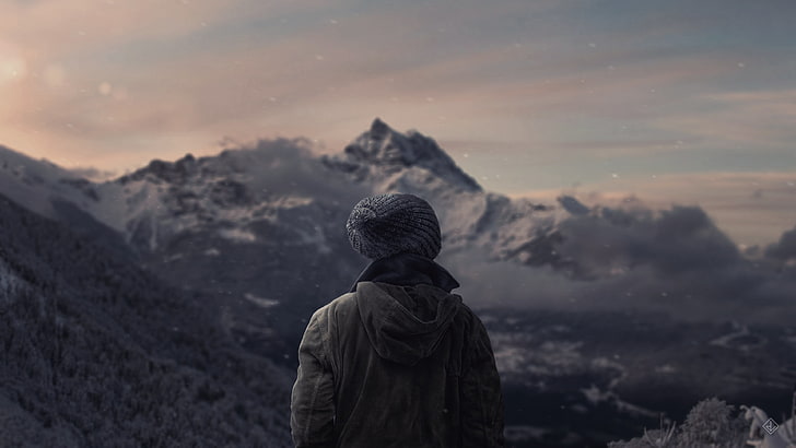gorro de punto gris, persona con sombrero de punto mirando a la montaña, paisaje, montañas, nieve, invierno, naturaleza, manipulación de fotos, Fondo de pantalla HD