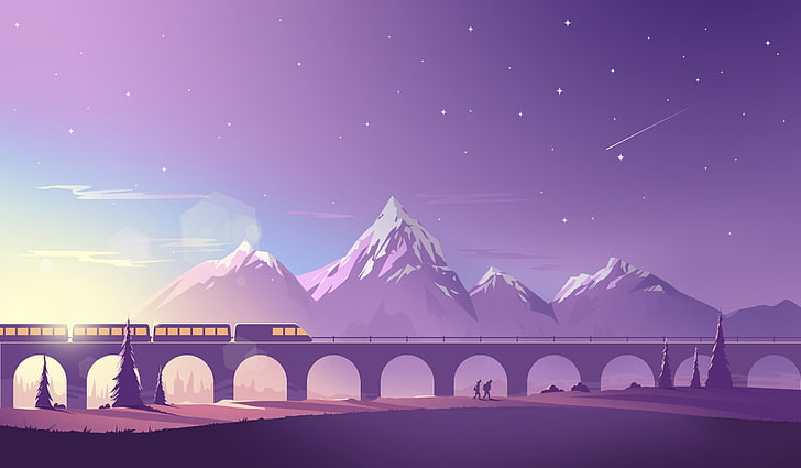 背景のデジタル壁紙、電車、橋、山、ザイブアリ、星、流れ星、レンズフレアの山とアーチ橋の上の列車、 HDデスクトップの壁紙