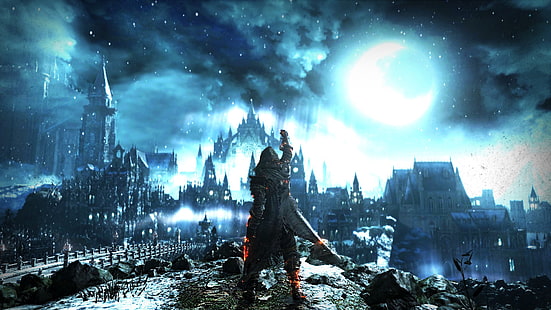 fiktiv karaktär som står på en kulle med staden i bakgrundsbild, Dark Souls, Moon, arkitektur, Dark Souls III, cyan, natt, snö, videospel, HD tapet HD wallpaper