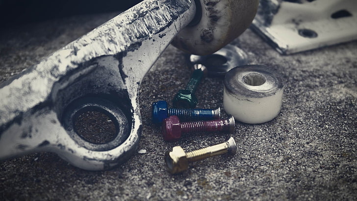 four gray metal bolts, skateboard, screws, HD wallpaper