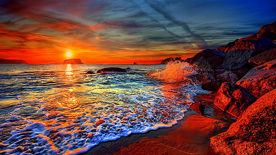 море, небо, берег, горизонт, побережье, Греция, океан, закат, Санторини, скалы, волны, вода, пляж, HD обои HD wallpaper