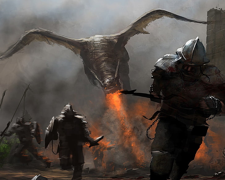 illustration de dragon et guerriers, artwork, dragon, art fantastique, Fond d'écran HD