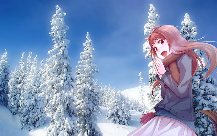 雪に覆われた木の近くの茶色の髪の女性アニメキャラクターデジタル壁紙、女の子、スパイスオオカミ、冬、寒さ、森、 HDデスクトップの壁紙