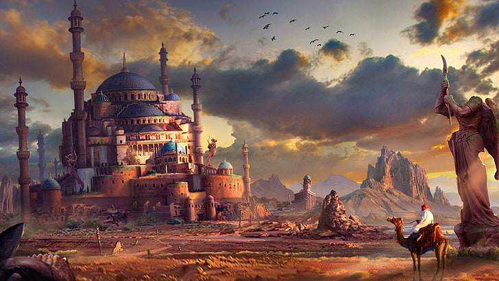 white and blue castle digital wallpaper, fantasy art, looking into the distance, camels, Arabian, HD wallpaper