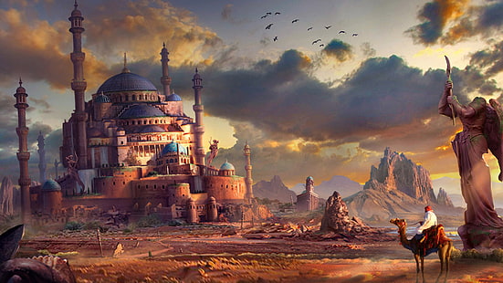 digitale Tapete des weißen und blauen Schlosses, Fantasiekunst, untersuchend den Abstand, Kamele, Araber, HD-Hintergrundbild HD wallpaper