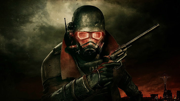 maska ​​mężczyzny z graficzną tapetą rewolwerowego pistoletu, Fallout, Fallout: New Vegas, RNK, gry wideo, N, broń, Tapety HD