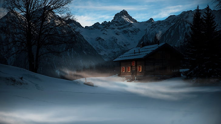 Natur, Landschaft, Winter, Schnee, Kälte, Berge, Bäume, Nebel, Kiefern, Kabine, Abend, HD-Hintergrundbild