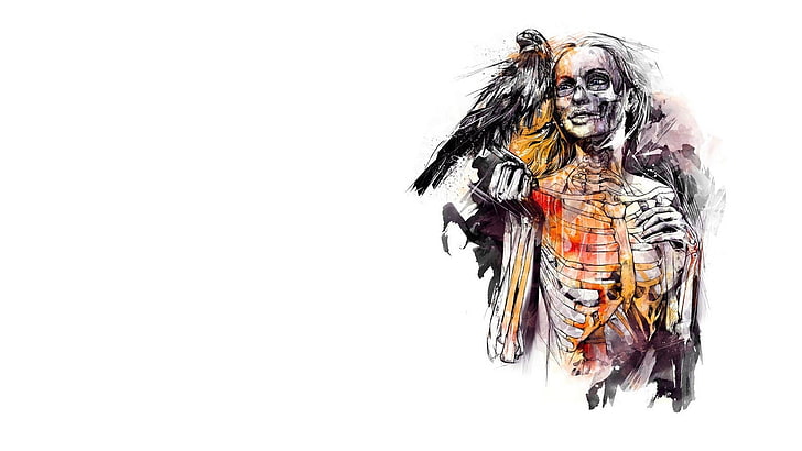 skeleton and bird illustration, digital art, skeleton, death, women, face, drawing, crow, raven, birds, bones, white  background, HD wallpaper