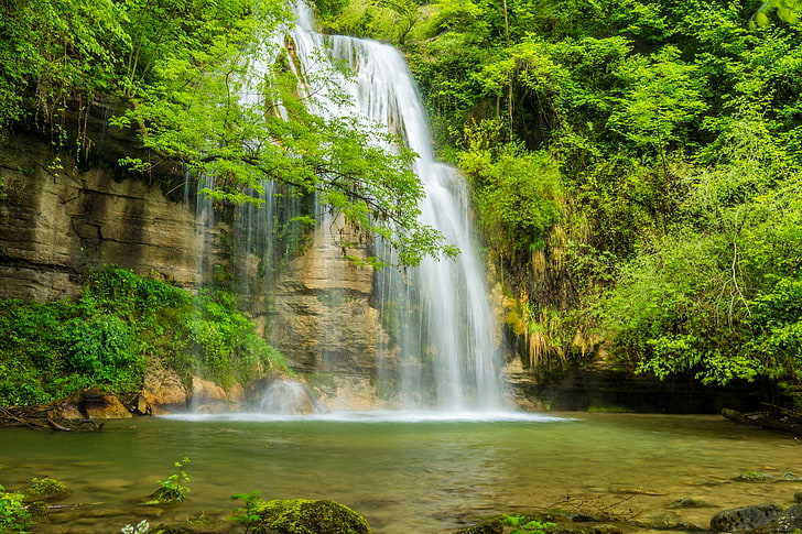 waterfall, river, rocks, trees, water, nature, HD wallpaper