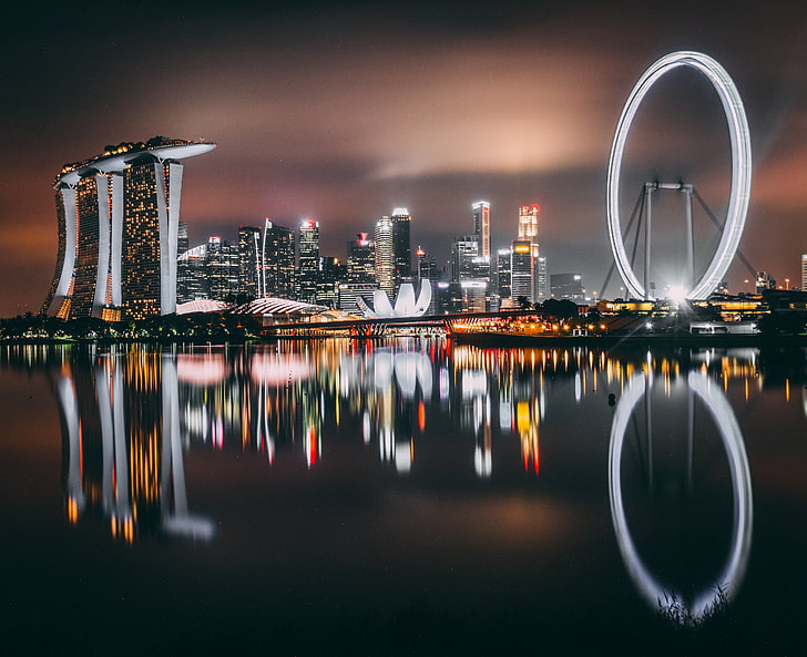 Singapore cityscape, singapore, skyscrapers, buildings, shore, night, HD wallpaper