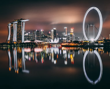 Paisagem urbana de Singapura, Singapura, arranha-céus, edifícios, costa, noite, HD papel de parede HD wallpaper
