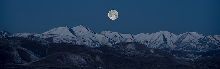 гора покрыта снегом цифровые обои, пейзаж, горы, луна, лунный свет, ночь, несколько дисплеев, два монитора, HD обои