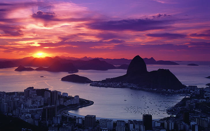 laut, kota, lanskap kota, bukit, langit, Rio de Janeiro, pantai, matahari terbenam, pelabuhan, Brasil, awan, Wallpaper HD