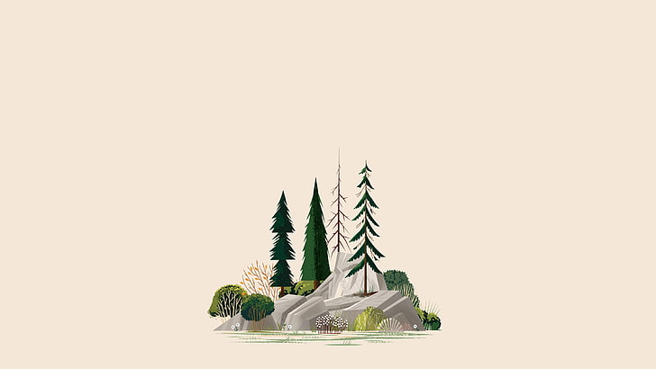 pinheiros verdes clip-art, ilustração, floresta, árvores, rocha, HD papel de parede