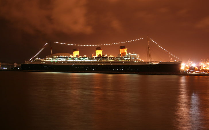 à noite, transatlântico, Queen Mary 2, cruzeiro, porto., HD papel de parede