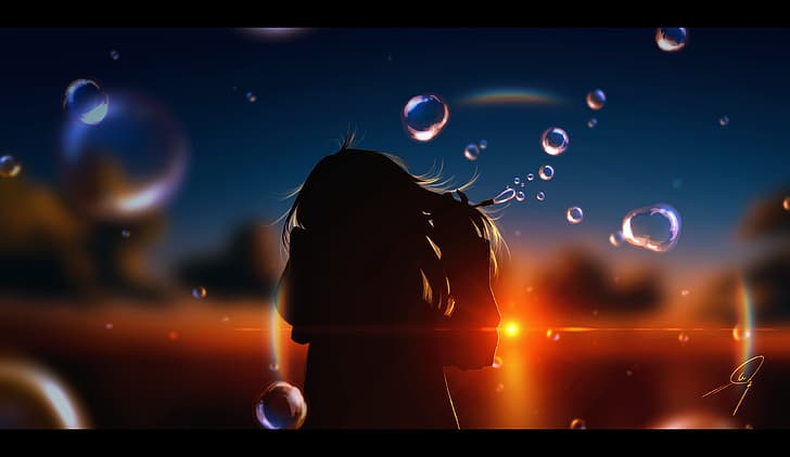 аниме девушки, аниме небо, закат, закатное сияние, аниме, пузыри, подсветка, ненгоро, длинные волосы, HD обои