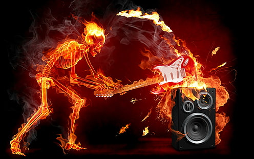 esqueleto, altavoces, arte digital, fuego, música, Fondo de pantalla HD HD wallpaper