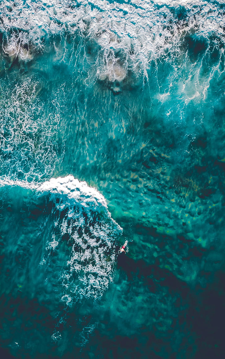 ocean, aerial view, surf, foam, water, waves, HD wallpaper
