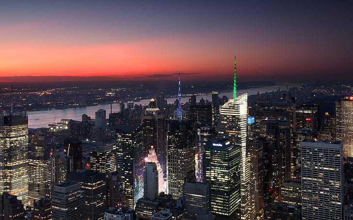 マンハッタン、タイムズスクエア、都市景観、高層ビル、ニューヨーク、日没、 HDデスクトップの壁紙