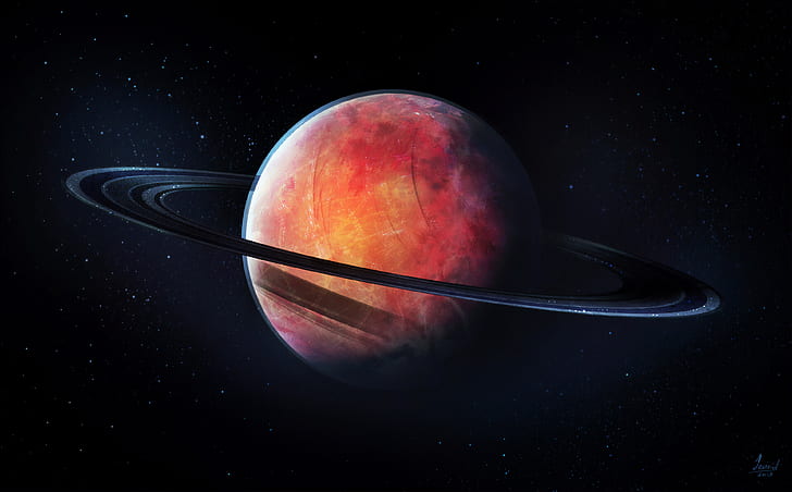 digital, digital art, artwork, illustration, space, spacescapes, space art, planet, Saturn, rings, Rings Of Saturn, stars, universe, planetary rings, science fiction, red, concept art, HD wallpaper