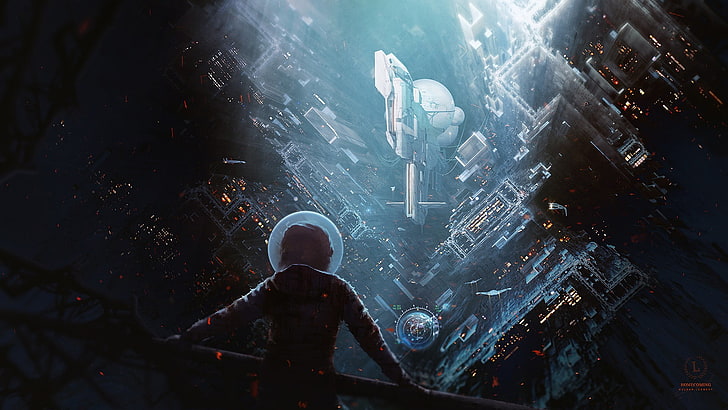 person on cockpit digital wallpaper, futuristic, Kuldar Leement, science fiction, artwork, astronaut, space, spaceship, futuristic city, HD wallpaper