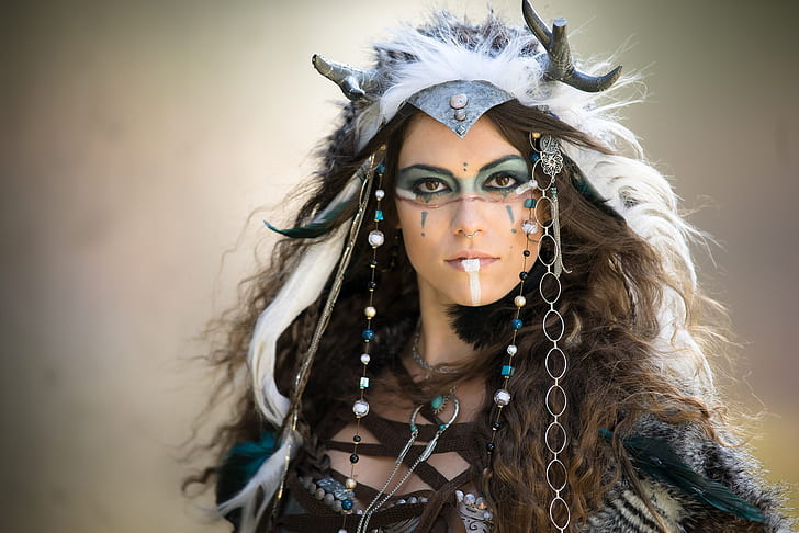 look, decoration, face, background, portrait, feathers, makeup, hairstyle, outfit, horns, brown hair, beauty, bokeh, war paint, Indian Warrior, Manuel Gomera The Start Of The Year, HD wallpaper