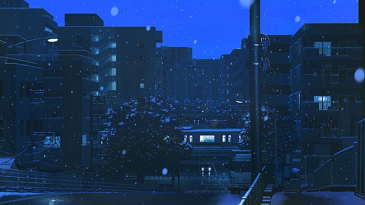 blue, night, dusk, headlights, apartments, street light, snowing, sidewalks, power lines, trees, city, train, bridge, railing, melancholic, HD wallpaper