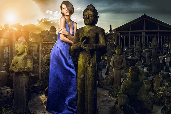 Women, Asian, Blue Dress, Brunette, Buddha, Girl, Model, Statue, Woman, HD wallpaper