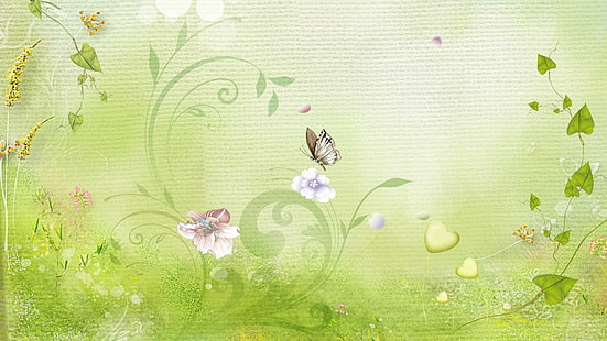Doucement en vert, doux, feuilles, vert, vigne, fleurs, printemps, tourbillons, été, papillons, 3d et abstrait, Fond d'écran HD HD wallpaper