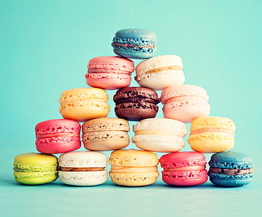 pile of French macaroons, cake, dessert, cakes, sweet, cookies, macaron, almond, macaroon, HD wallpaper HD wallpaper