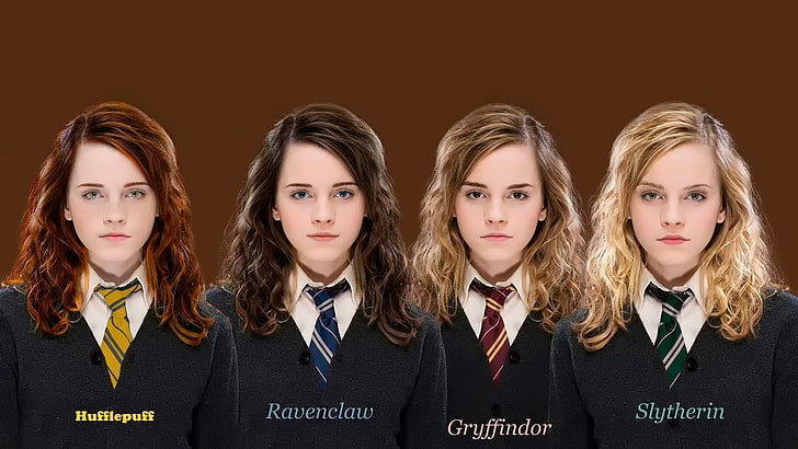 Emma Watson, Emma Watson, Hermione, faculties, Hogwarts, Ravenclaw, Hufflepuff, Gryffindor, Puffenduya, Slytherin, HD wallpaper