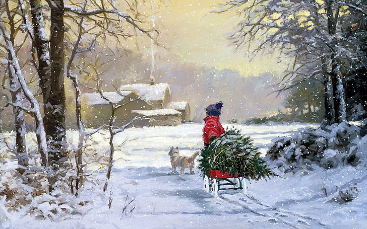 Trayendo a casa el árbol de navidad, navidad, árbol, animal, árboles, artístico, nieve, trineo, invierno, pintura, vacaciones, 3d y abstracto, Fondo de pantalla HD