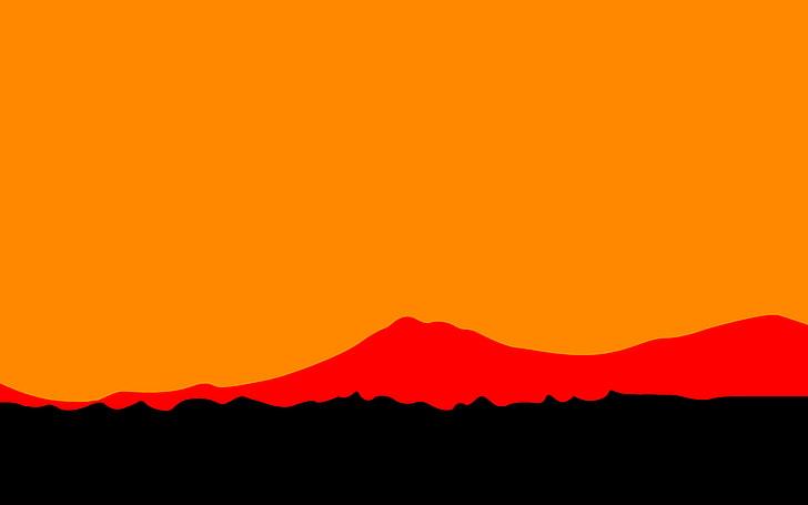 rote und schwarze Gebirgsillustration, Sonnenuntergang, Landschaft, Grafik, digitale Kunst, Orange, einfach, Minimalismus, orange Hintergrund, HD-Hintergrundbild