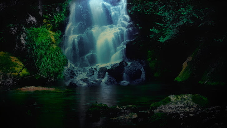 forest with waterfalls digital wallpaper, waterfall, photo manipulation, rock, moss, nature, HD wallpaper