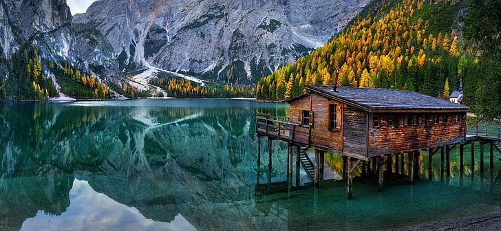 brown wooden cabin, nature, landscape, lake, mountains, cabin, chapel, forest, fall, Italy, Alps, turquoise, water, reflection, trees, HD wallpaper