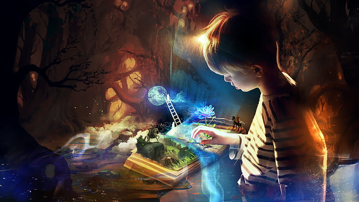 chłopiec grający w oświetlony zestaw zabawkowy, wyobraźnia, książka, dziecko, HD, Tapety HD